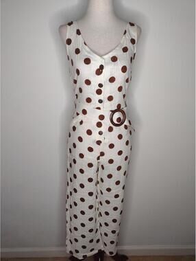 Monteau White Jumpsuit with Brown Polka Dots